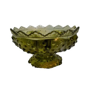 Early Fenton Green Glass Hobnail Candle Holder Bowl Candlestick